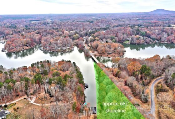 Aerial view of lake shoreline in autumn landscape.