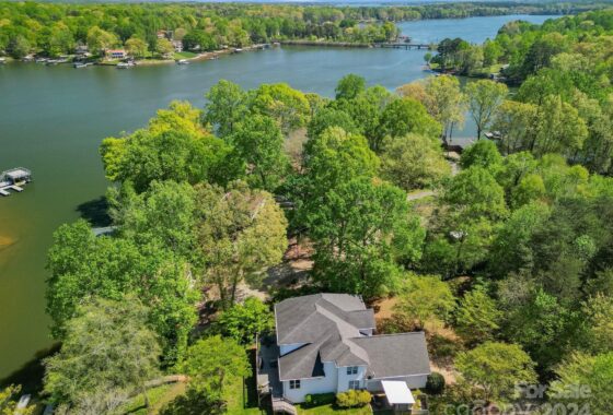 Aerial view of lakefront home surrounded by trees.