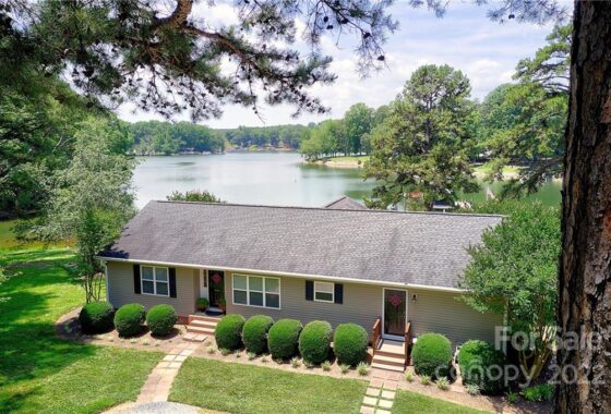 Lakeside house with lush greenery and scenic view.